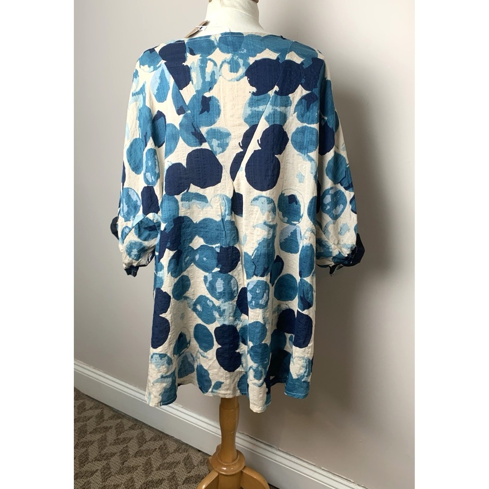 NEW Artsy Lagenlook Linen Top Womens One Size Abstract Blue Print HiLow - Picture 12 of 14
